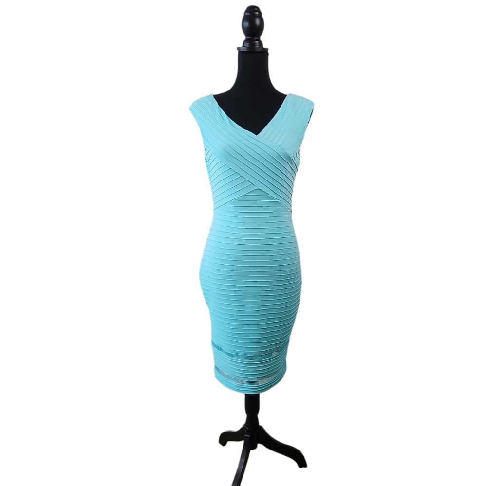 Calvin Klein Green and Blue Asymmetrical Ribbed Cocktail Dress